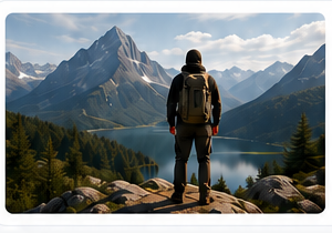 Hiker overlooking a mountain lake