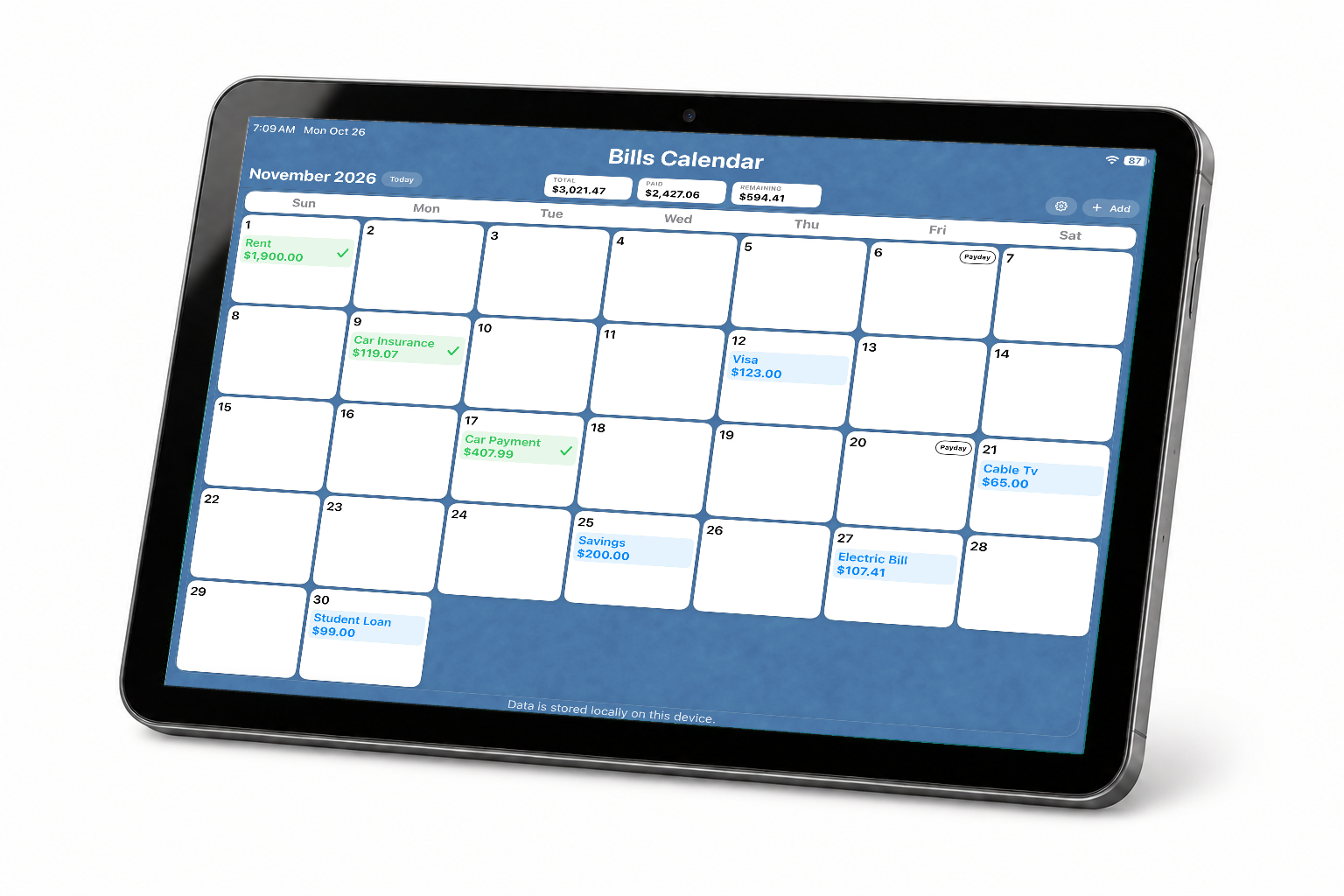 Current Bill Calendar screen shown in a realistic angled iPad