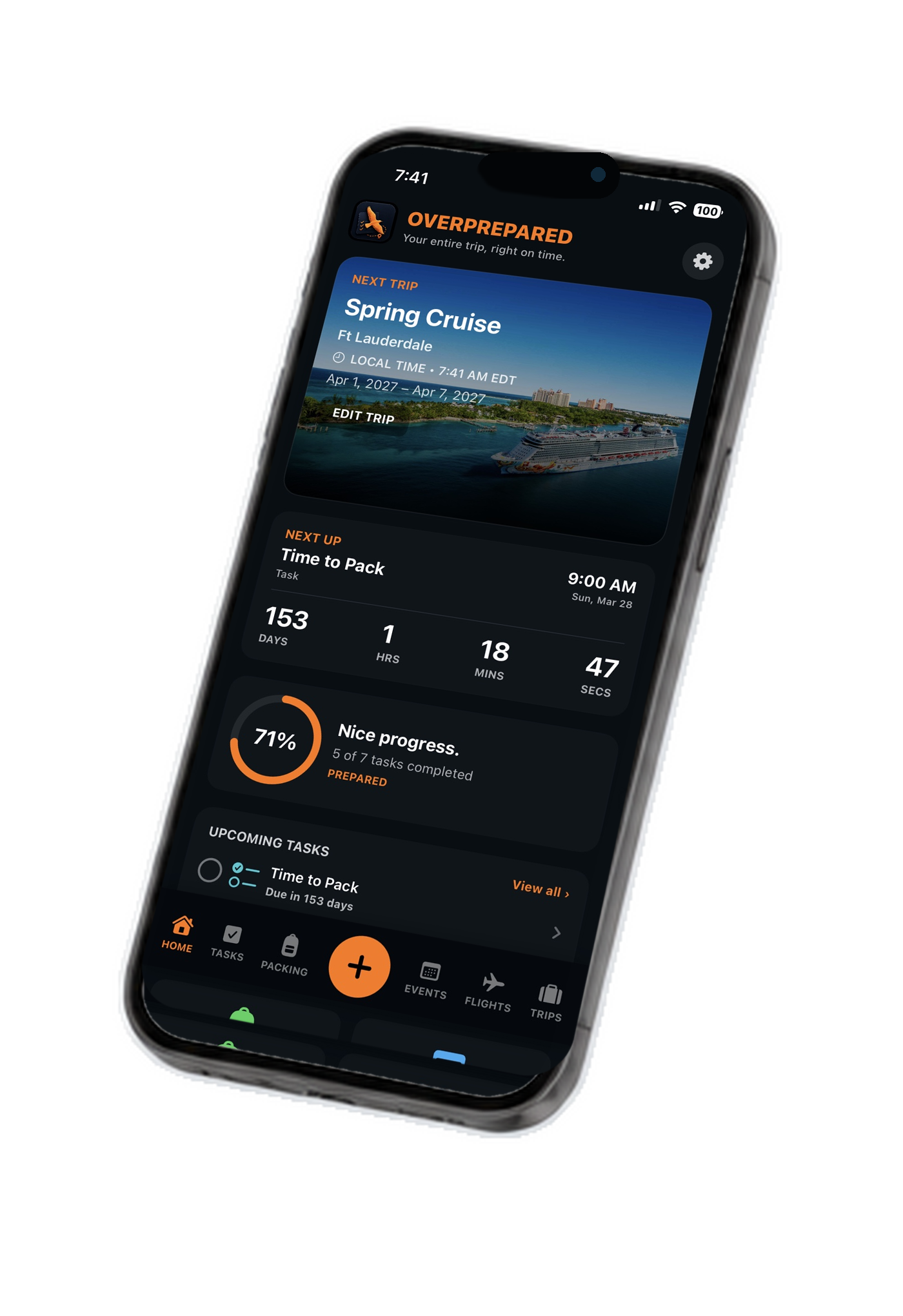 Current Overprepared app home screen shown in a realistic angled iPhone